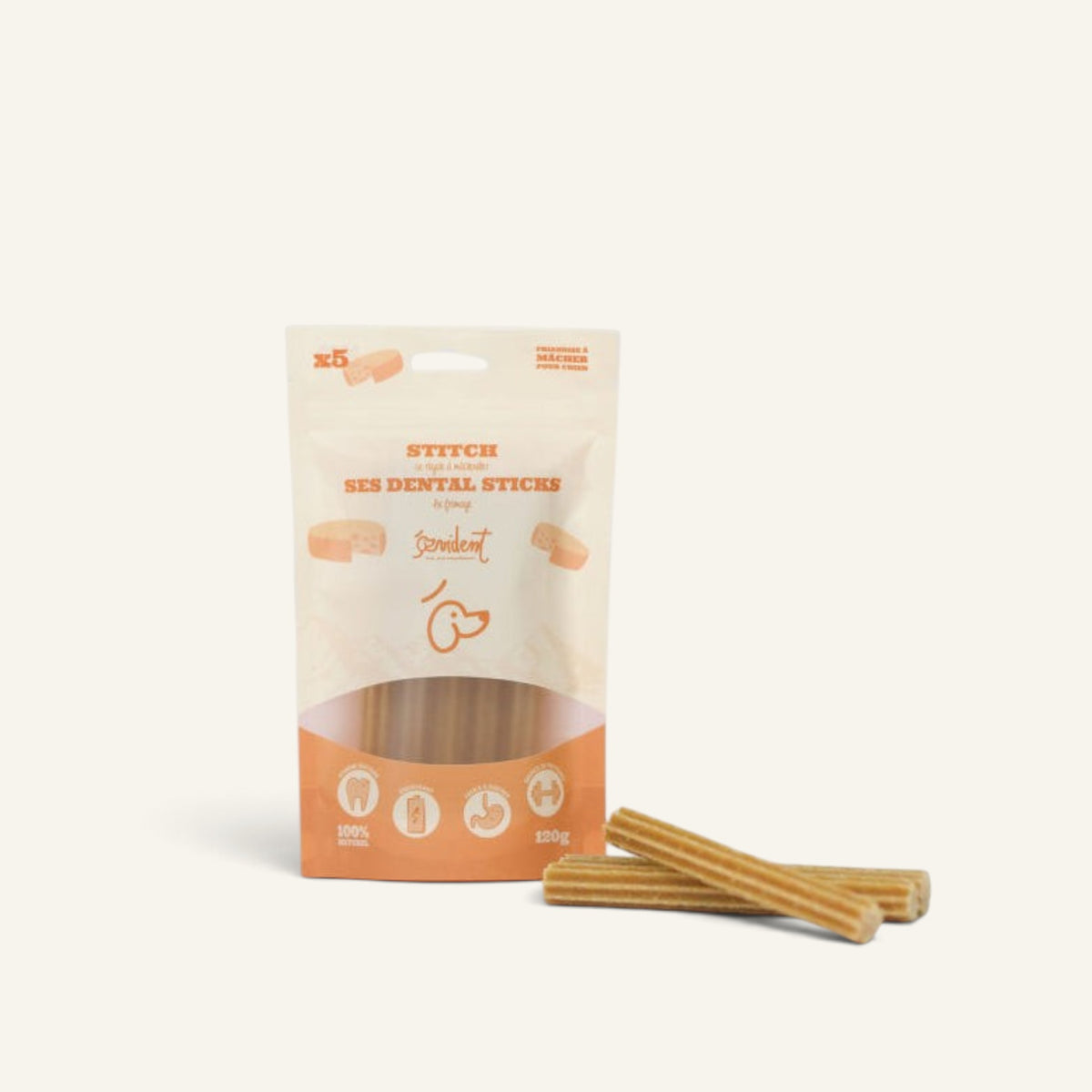 Patomia Stitch cheese dental sticks for dogs in a beige pouch with two chew sticks displayed in front