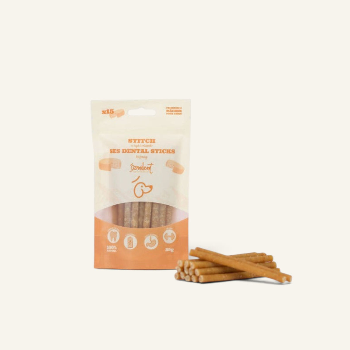 Patomia Stitch natural cheese and rice dental sticks for dogs in a 15-pack resealable pouch