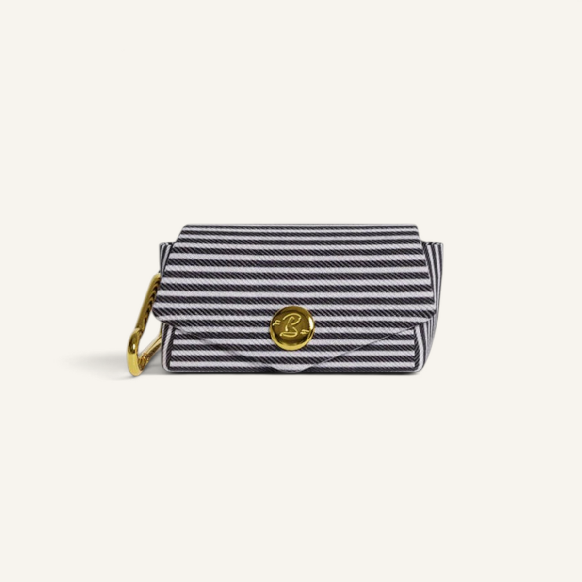 Patomia blue and white striped dog waste bag holder with gold snap button and clip for leash attachment