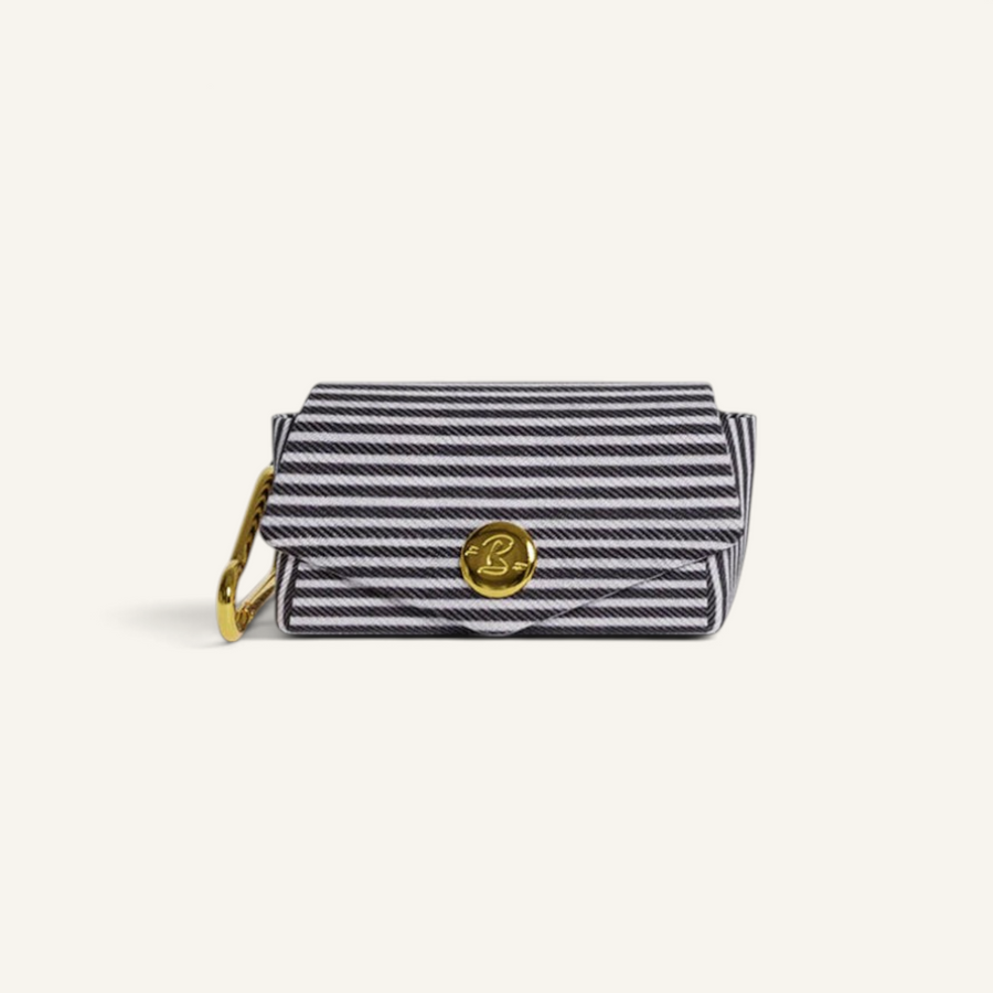 Patomia blue and white striped dog waste bag holder with gold snap button and clip for leash attachment