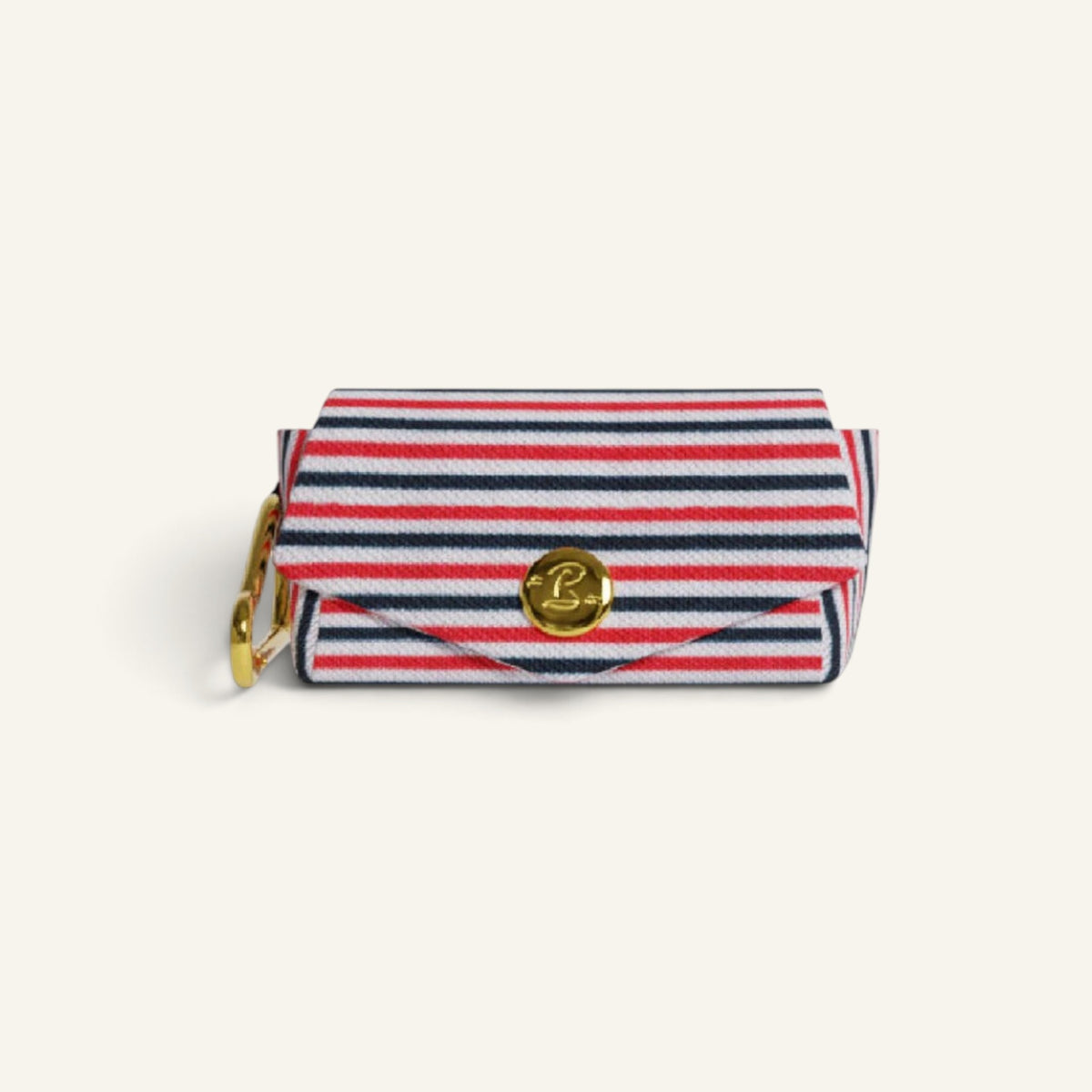 Patomia tricolour striped dog poop bag holder with a gold snap button and carabiner clip