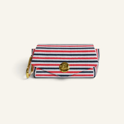 Patomia tricolour striped dog poop bag holder with a gold snap button and carabiner clip
