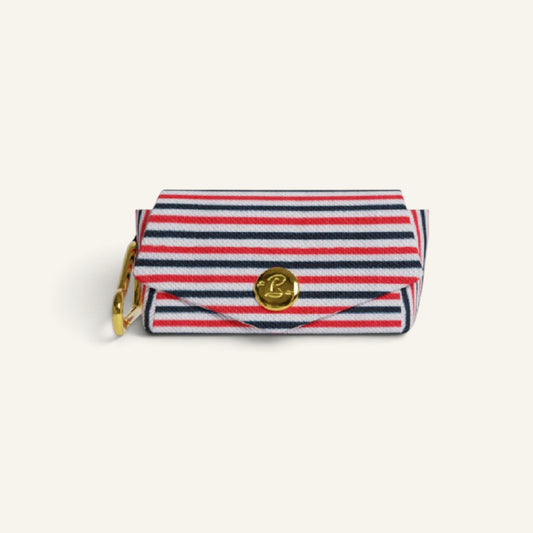 Patomia tricolour striped dog poop bag holder with a gold snap button and carabiner clip