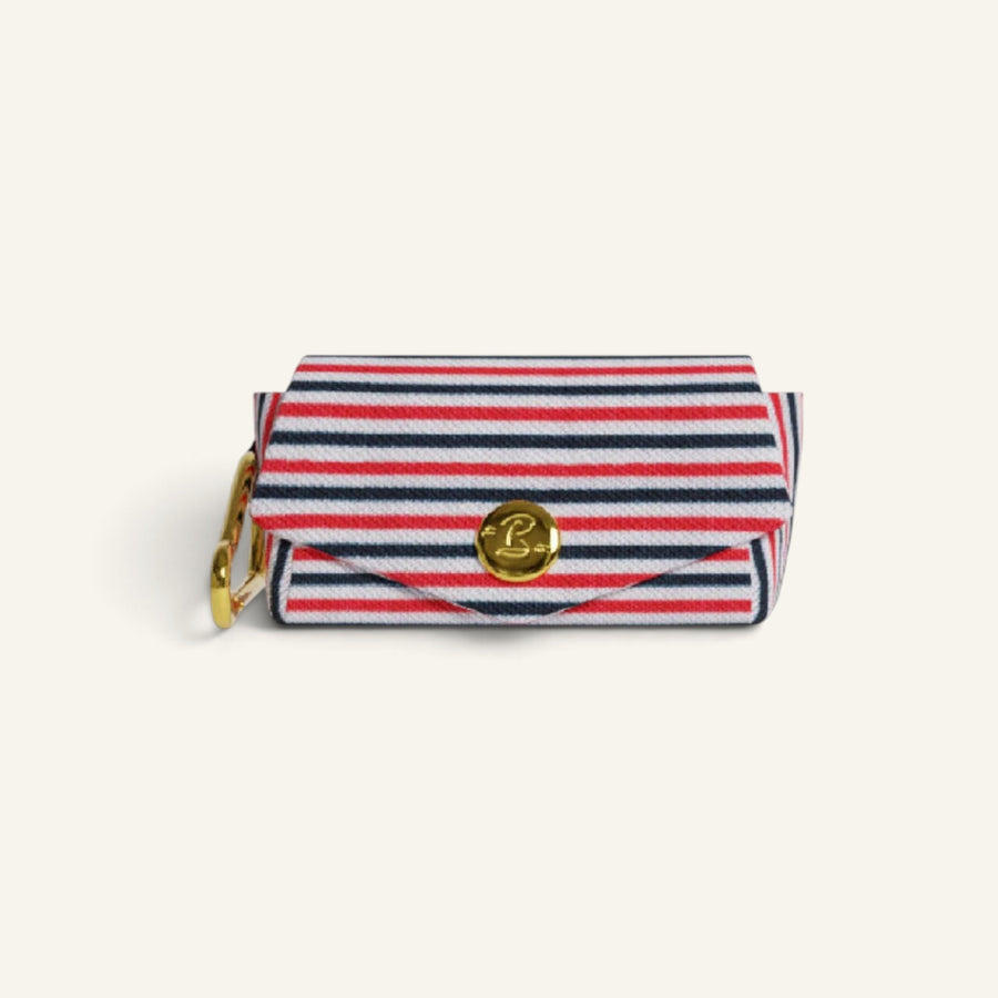 Patomia tricolour striped dog poop bag holder with a gold snap button and carabiner clip